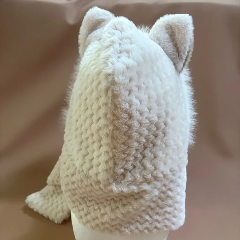 Mona Momo Ivory Faux Fur Animal Ear Hood Scarf Balaclava Winter Hat Cream Minky